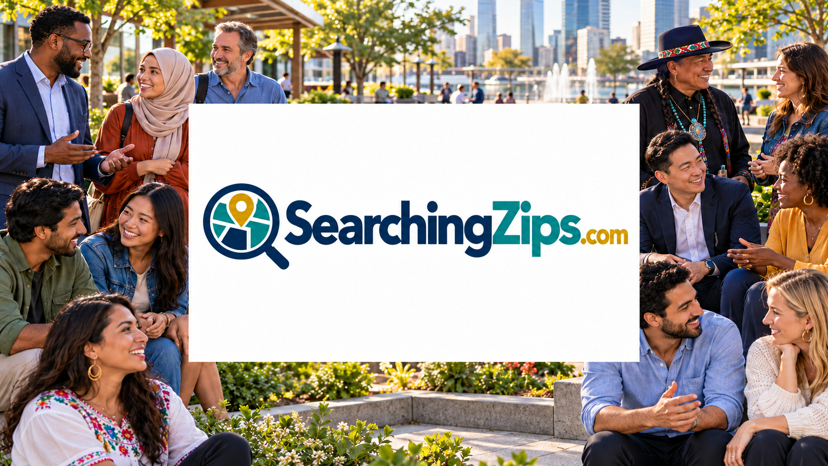 SearchingZips.com identity artwork: a diverse group gathered in a city park around the SearchingZips logo